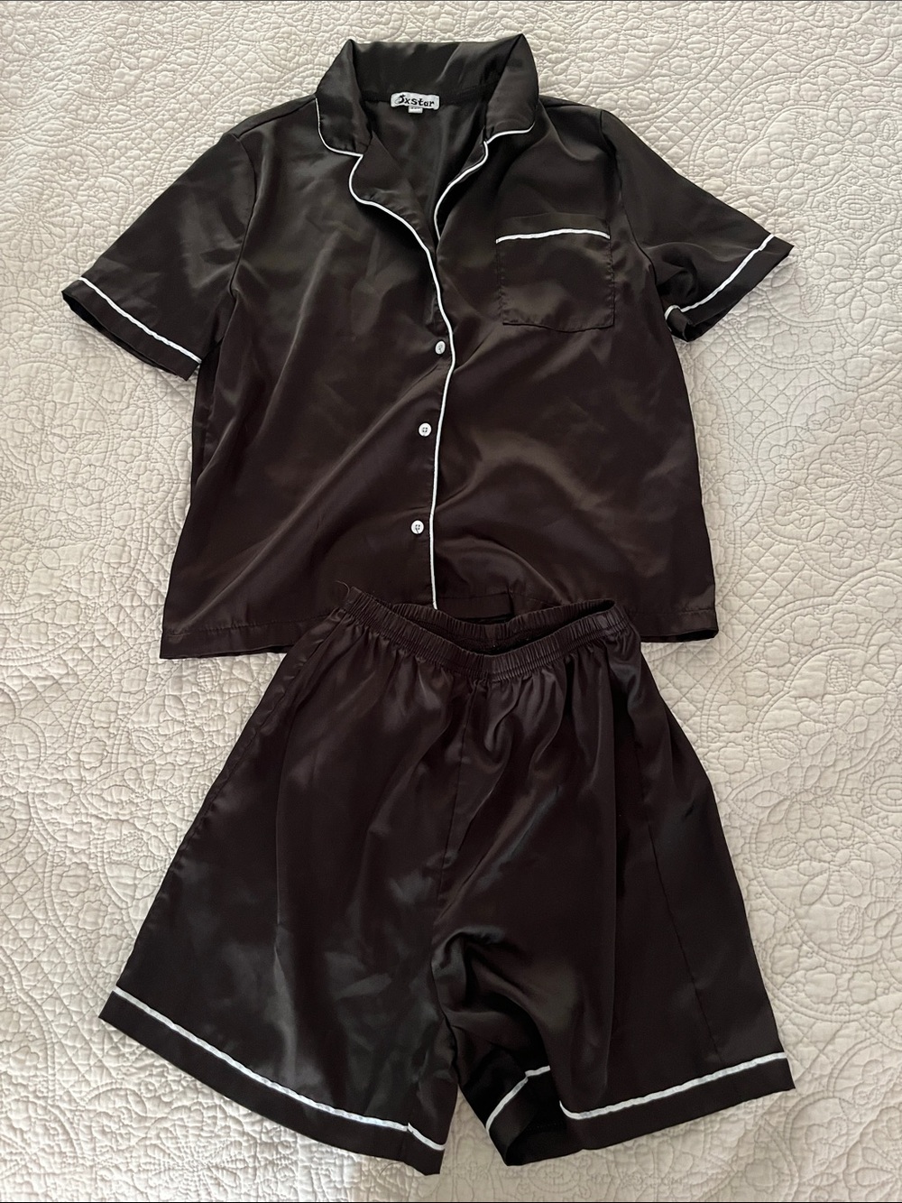 Silky Black Pajama Set with Contrast Piping - Picture 1 of 3